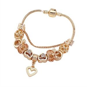 Dainty Gold Charm Bracelet with Heart Accents Rhinestone